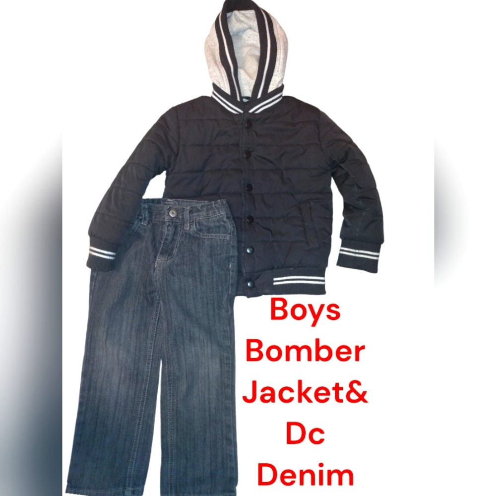 BOYS BOMBER/VARSITY JACKET TOGETHER WITH DC DENIM JEANS, SIZE 4/5 OUTFIT